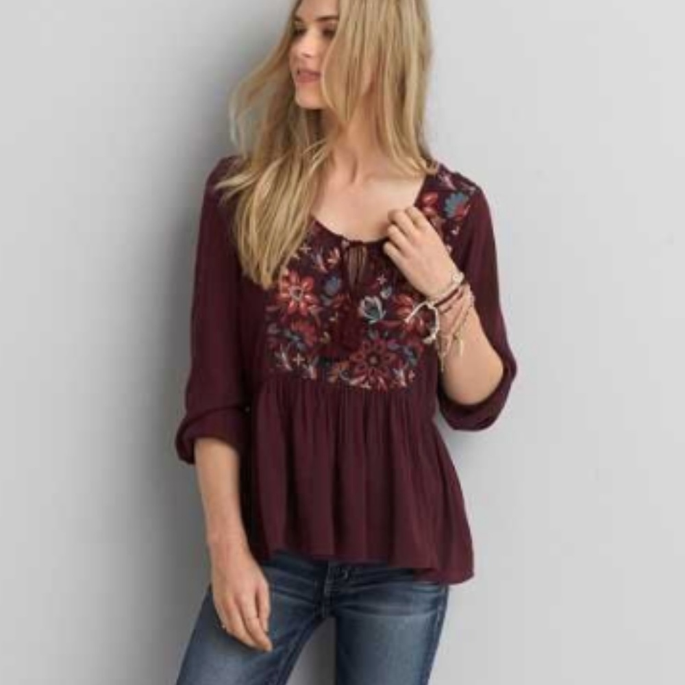 Maroon Embroidered Peasant Top